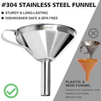 Anaeat 3 Pack Stainless Steel Kitchen Funnel Set, Multi-Use Premium Metal Food Grade Cooking Funnels with 2 Removable Strainer Filter for Transferring Liquid or Dry Ingredients & 1 Pc Cleaning Brush