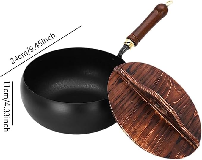 Jinswhdre Cast Iron Skillet, 9.5/11in Jinswhdre Japanese Irons Pan, Hand Forged Uncoated Iron Pan with Lid Spatula, Non-stick Wok for Cooker Gas Stir Fry Pans Durable and Rust-Free (Glass Lid,9.45in)