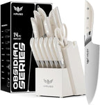 Knife Set - Haugo 14 PCS German Stainless Steel Kitchen Knife Sets with Block and Sharpener - Full Tang Knife Block Set and Ergonomic Handle - Elegant White- Obsidian Series