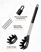 Silicone Spaghetti Spoon & Pasta Tong, Non-Stick Stainless Steel Handle Pasta Fork Set with Teeth, Food Clip for Easy Serving of Noodles (Black)