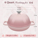 Cast Iron Dutch Oven Pot with Lid, Round Bread Oven for Sourdough Bread Baking, Umite Chef Enameled Cast Iron Bread Oven with Dome Lid & Cotton Potholders for Sourdough, Pink, 6 Quarts