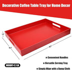 Red Serving Tray for Coffee Table, Rectangular Plastic Decorative Tray with Handles for Entertaining, Outdoor Patio, Living Room, Ottoman, Bathroom Counter, 11.8”*15.7”*1.6”