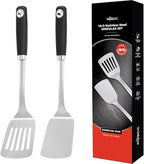 2 Pcs Stainless Steel Spatulas Set,14.2 Silver Slotted Turner, Solid Turner, Kitchen Cooking Utensils Set, High Heat Resistant, Grilling Frying Serving Food, Easy to Clean