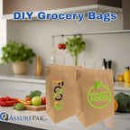 ASSUREPAK DIY Paper Bags - 200 units - Kraft Color - 12"x9"x16" - 74 LB (110 GSM strong) Twisted Handle - Kraft/Natural - Recyclable Food & Supermarket Bags for Decorating & Branding