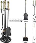 5 Pieces Fireplace Tools Sets Wrought Iron Firewood Kit with Handle Durable Tool Set and Holder for Fire Pit Stand Indoor Tong Shovel Poker Brush Firewood Accessories (Brass)