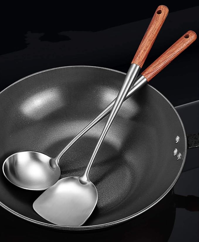 FJNATINH Wok Spatula and Ladle Tool Set, 17inches Spatula for Wok, 304 Stainless Steel Spatula Soup Ladle
