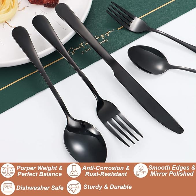 Lazycorner 40 Pcs Black Silverware Set for 8, Mirror Polished Flatware Set Stainless Steel Fork Knife Spoon, Food Grade Eating Utensils Sets, Reusable Silverwear Cutlery Set, Dishwasher Safe