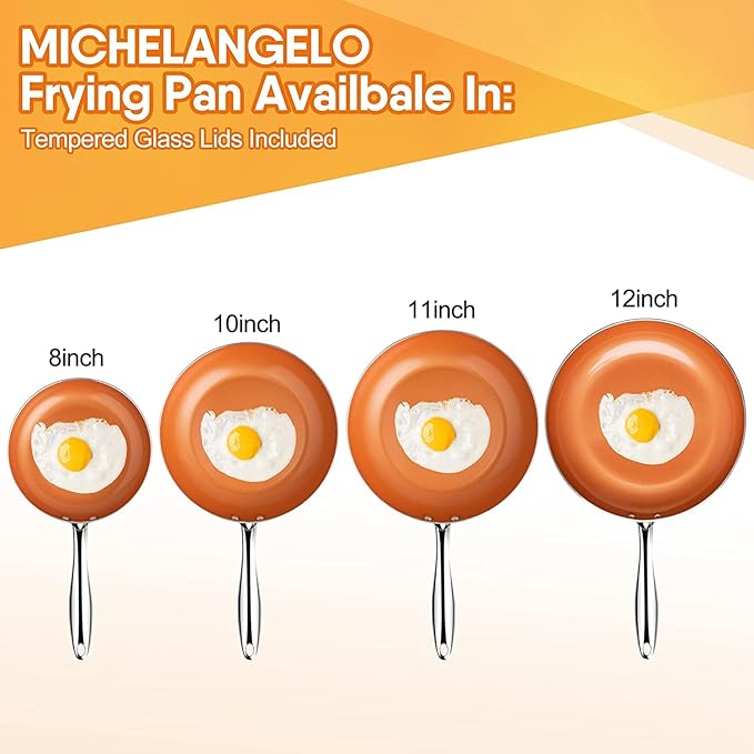 MICHELANGELO 12 Inch Frying Pan with Lid, Nonstick Copper Frying Pan, Non Stick Ceramic Skillet with Lid, Large Copper Pan Non-Stick, Induction Compatible