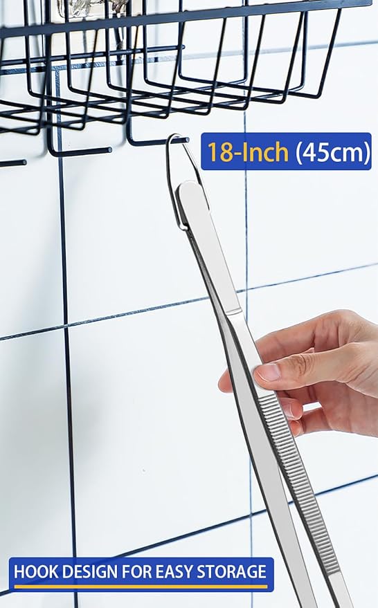JETKONG 18 Inch (45cm) Extra Long Grill Tongs, Heavy Duty Stainless Steel Tweezer Tongs for Cooking, Grilling, Barbecue/BBQ, Buffet and Turning Food (Round Tips)