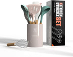 Silicone Cooking Utensils Set - 446°F Heat Resistant Silicone Kitchen Utensils for Cooking,Kitchen Utensil Spatula Set w Wooden Handles and Holder, BPA FREE Gadgets for Non-Stick Cookware (Colorful)