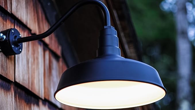 Steel Lighting Co. Gardena Barn Light | Outdoor Wall Mounted | 16" Dome | 23" Gooseneck | Farmhouse Light Made in America | Hunter Green Exterior/Brass Interior