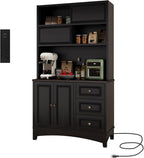 71" Black Pantry Cabinet with Charging Station, 4-Type Storage & Anti-Tip Design, Kitchen Cabinet with Sliding Door/Adjustable Shelves