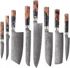 Epicurean Cook Tidal Collection 8 PCS Damascus Knife Set Japanese Kitchen Knives with VG10 Steel Core Ultra-Sharp Professional Chef Knife Set with Elegant Box and Black Resin and Burl Wood Handles