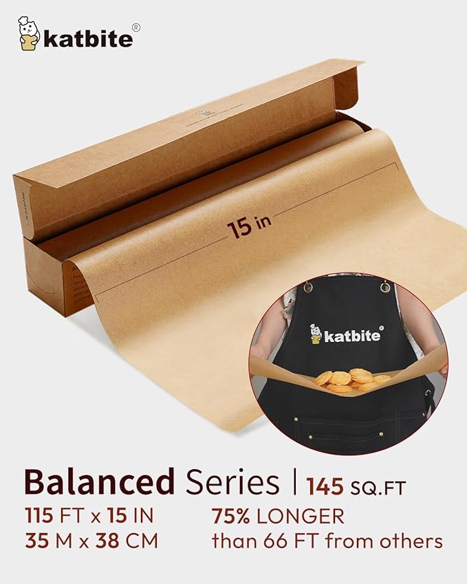 Katbite Parchment Paper Roll 15in x 115ft, Unbleached Pachment Baking Paper Roll 145 Sq.Ft, Non-Stick and Extra Longer Parchment Paper with Portable Serrated Cutter for Baking,Cooking,Space-saving