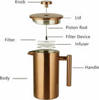 YJX 34oz Coffee Maker, Stainless Steel French Press, 1 Liter Camping Coffee Pot, Tea Maker, 34 Ounce Travel Coffee Presses, Heat Resistant Double Insulated (Black)