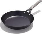 OXO Outdoor Pre-Seasoned Carbon Steel 10" Frying Pan Skillet, Detachable Handle for Easy Storage, Indoor Use, Nonstick with Use, Induction Suitable,Oven & Broiler Safe,Browning, Grill,Sear,Saute,Black