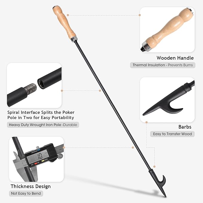 26" Fireplace Fire Pit Tongs & 32" Fire Pit Poker, Fireplace Wood Stove Firewood Tongs, Black Heavy Duty Wrought Iron Log Grabber Fire Pit Tools for Campfire, Fireplace, Bonfires, Indoor&Outdoor Use