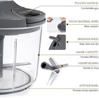 LHS Manual Food Processor Large Vegetable Chopper, 1000ML Pull String Chopper Garlic Mincer Onion Cutter for Veggies,Salad,Fruits, Nuts, BPA Free, GREY