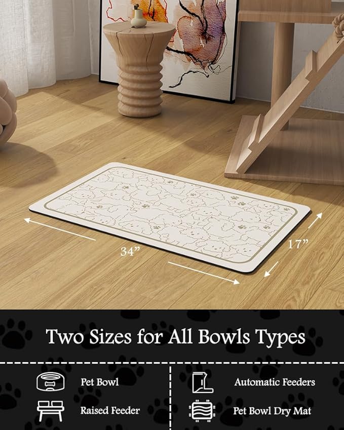 Pet Feeding Mat-Absorbent Dog Mat for Food and Water Bowl-No Stains Quick Dry Water Dispenser Mat-Dog Accessories Pet Supplies-Bowl for Messy Drinkers（FRAMEDOGS,17"x34"