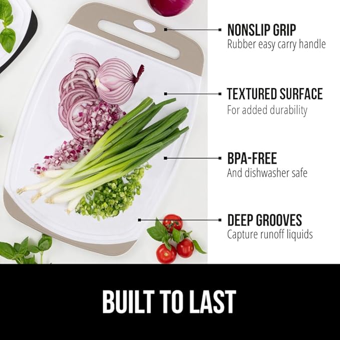 GORILLA GRIP BPA-Free Reversible Kitchen Cutting Board Set of 3, US Designed, Nonporous, Juice Grooves Catch Liquid, Slip Resistant Border, Dishwasher Safe, Durable Large Food Chopping Boards, Almond