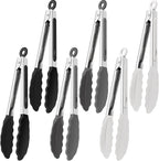 6 Pcs Small Silicone Tongs,7 Inch Mini Serving Tongs with Tips,Heat Resistant Cooking Tong,Stainless Steel Silicone Kitchen Tong for Salad Food Frying BBQ(Black,Gray,White)