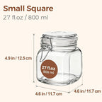 ComSaf 25oz Airtight Glass Canisters with Lids Set of 6, Square Food Storage Jar Container with Clamp Lids for Kitchen Canning Cereal Coffee Pasta Sugar Beans Spice, Clear Mason Jars with 12 Labels