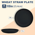 Wrova Wheat Straw Plates - 10 Inch Unbreakable Dinner Plates Set of 8 - Dishwasher & Microwave Safe Plastic Plates Reusable - Lightweight Plate for kitchen,camping (Pure Black)