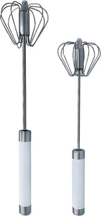 Stainless Steel Push Whisk - Easy to Use Manual Hand Mixer & Plunger Whisk - Make Froth, Foam & Whipped Cream - Semi Auto Egg Beater Plastic Tip Won’t Scratch Pans (2 Pack 10in & 12in) WHITE