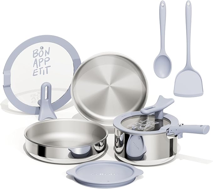 CAROTE Tri-Ply Stainless Steel Cookware Set with Stand-Up Lid, 11Pcs Pots and Pans Set Non Stick, Induction Kitchen Cooking Sets with Detachable Handle, Oven Safe to 600°F, Non Toxic Dishwasher