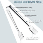 8 Pack Serving Tongs, 9 Inch, Silver, Stainless Steel, Ideal for Parties & Daily Use
