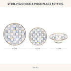 MACKENZIE-CHILDS 3-Piece Enamel Place Setting with 10-Inch Round Dinner Plate, 8-Inch Salad/Dessert Plate, and 7.5-Inch Breakfast Bowl, Gray-and-White Sterling Check