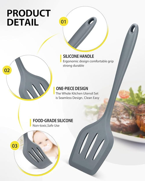 4 Pcs Silicone Kitchen Utensils Set, Wok Spatulas-Slotted Turner-Cooking Spoon-Slotted Spoon, Nonstick BPA Free High Heat Resistant Cooking Utensils for Frying, Mixing, Serving, Draining, Stirring