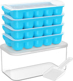 DOQAUS Ice Cube Tray with Lid and Bin, 4 Pack Easy Pop Out Silicone Ices Cubes Trays for Freezer with Cover, Stackable Compact Ice Bucket Kits, for Soup, Food, Cocktail, Coffee