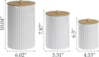 Kitchen Canister Set of 3 Tea Coffee Sugar Containers with Airtight Bamboo Lids Food Flour Storage for Countertop Metal White Vertical Stripe Pattern Embossed Farmhouse Decor