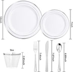 bUCLA 600pcs Silver Plastic Dinnerware Set for 100 Guests - Silver Christmas Dinnerware Set Disposable for Party - Include 100 Dinner Plates,100 Dessert Plates,100Cups,100 Knives,100 Forks,100 Spoons