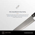 DURA LIVING Chef Knife, 8 Inch Nonstick Titanium Plated Stainless Steel Ultra Sharp Blade, With Ergonomic Comfort Grip Handle Chef's Cooking Knife, With Matching Sheath