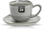 Organic Shape Restaurant 8oz Coffee Cup and Saucer, Commerical Grade Catering Stoneware Cups and Saucers in Ir-regular Organic Shape, Chip & Scratch Resistant, Glossy Reactive Glaze Grey, Case of 24