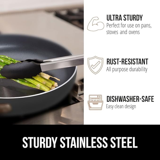 GORILLA GRIP Stainless Steel Heat Resistant Kitchen Tongs for Cooking, 7 + 9 + 12 Inch Set of 3 BBQ Tong, Non Scratch Silicone Tip for Pans, Strong Grip, Grab Food, Pull Lock, Black Mint Red