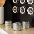Talented Kitchen Magnetic Stainless Steel Spice Jars - 24-Pack, 3 oz, Silver - Magnetic Kitchen Spice Jars with Organizer Plates & Lids for Fridge & RV - Includes 6 Wall Plates & 269 Preprinted Labels