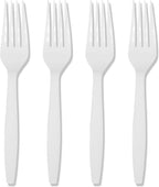 Prestee 100 White Plastic Forks Heavy-Duty, Heavyweight Plastic Silverware Forks, Fancy Plastic Cutlery, Elegant Disposable Forks Pack, Bulk Disposable Flatware, Christmas Holiday Plastic Utensils Set