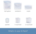 Stasher Premium Silicone Reusable Food Storage Bags, 6-Pack, Clear, Multi-Use Food Storage Bags, Lunch Bag, Travel Containers, BPA Free, Leak-free, Dishwasher-Safe, Eco-friendly