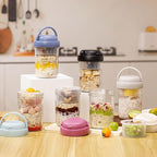 4 Pack Overnight Oats Containers with Lids and Handles, Folding Spoons & Divided Compartments for Fruit & Nuts, 16oz Glass Mason Jars for Oatmeal, Meal Prep & Breakfast (Black/Deep-Blue/Cream/Purple)