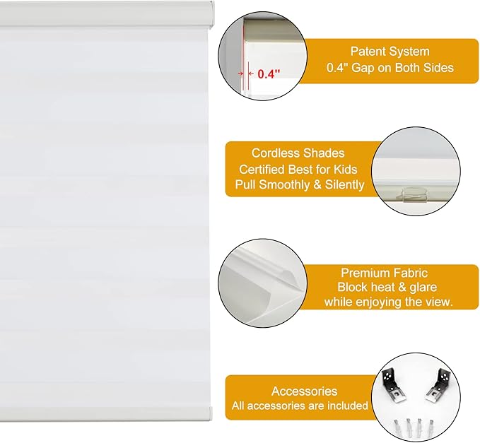 Persilux Cordless Zebra Blinds for Windows Free-Stop Roller Windows Shades (46" W X 72" H, Cream) Dual Layer Light Control for Day and Night, Light Filtering Sheer Shades for Home, Easy to Install