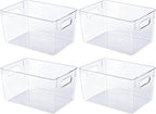 JollyPack 4 Pack Clear Plastic Storage Bins, Pantry Organizers and Storage with Handles, Clear Storage Containers for Fridge, Kitchen, Cabinet, Bathroom and Office