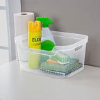 Sterilite 7 x 11 x 14.25 Inch Polished Open Scoop Front Storage Bin with Comfortable Carry Through Handles for Household Organization, Clear (24 Pack)