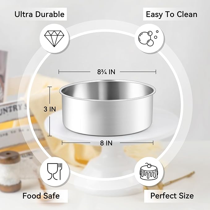 Leonyo 8 Inch Cake Pan, Stainless Steel Circle Baking Pans Set, 2 Pieces Round Layer Cake Tin for Wedding Birthday, Even Heating, Non Toxic & Healthy, Heavy-Duty, Dishwasher Safe
