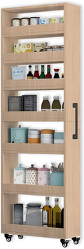 7-Tier Slim Storage Cart, Wooden Rolling Pantry Cabinet with Wheels, Narrow Shelf Organizer for Kitchen, Bakers Rack, Dining Room, Closet, Small Spaces Light Walnut 73.2''H*5.9''W*23.6''D
