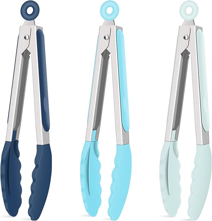 Hotec Silicone Kitchen Tongs for Cooking 9-Inch Serving Tongs with Silicone Tips, Set of 3 (Gradient Blue)