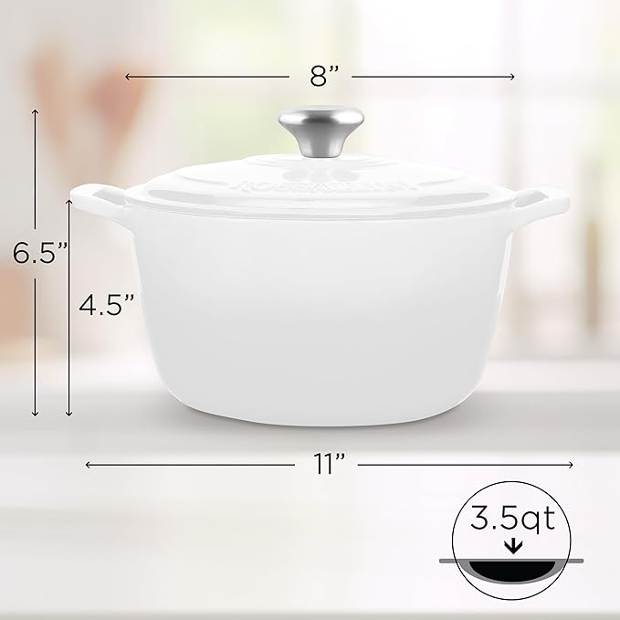 Signature Enameled Cast Iron Dutch Oven, Non-Stick Serving Pot with Tight Fitting Lid for Perfect Roasting, Baking, Sauteing, and Bread Making | 3.5Q (3.3L) - White