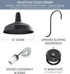Steel Lighting Co. Gardena Barn Light | Outdoor Wall Mounted | 16" Dome | Upslope Gooseneck | Farmhouse Light Made in America | Matte Black Exterior/Matte Black Interior